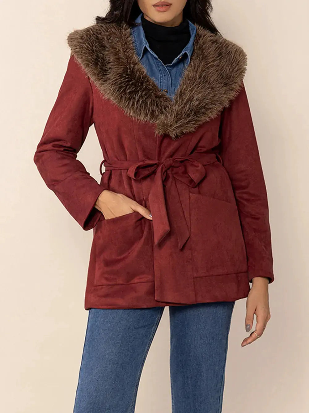 Fuzzy Collared Neck Tie Waist Jacket by Partner Label