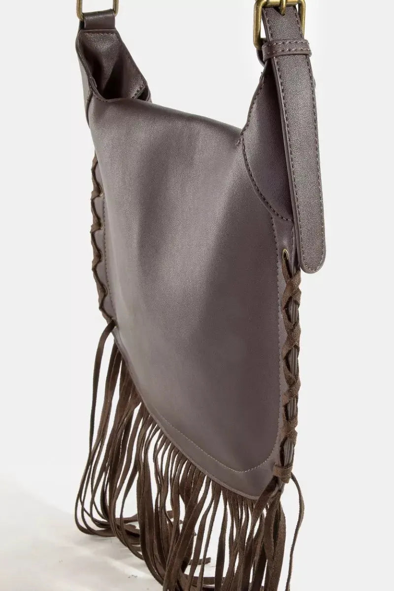 Fame Rivet Trim Suede Fringe Shoulder Bag by Fame