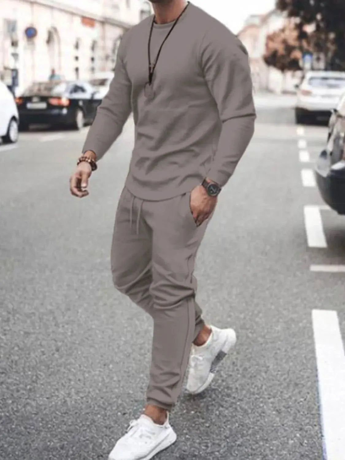Men's Full Size Round Neck Long Sleeve Top and Pants Set Plus Size by Trendsi