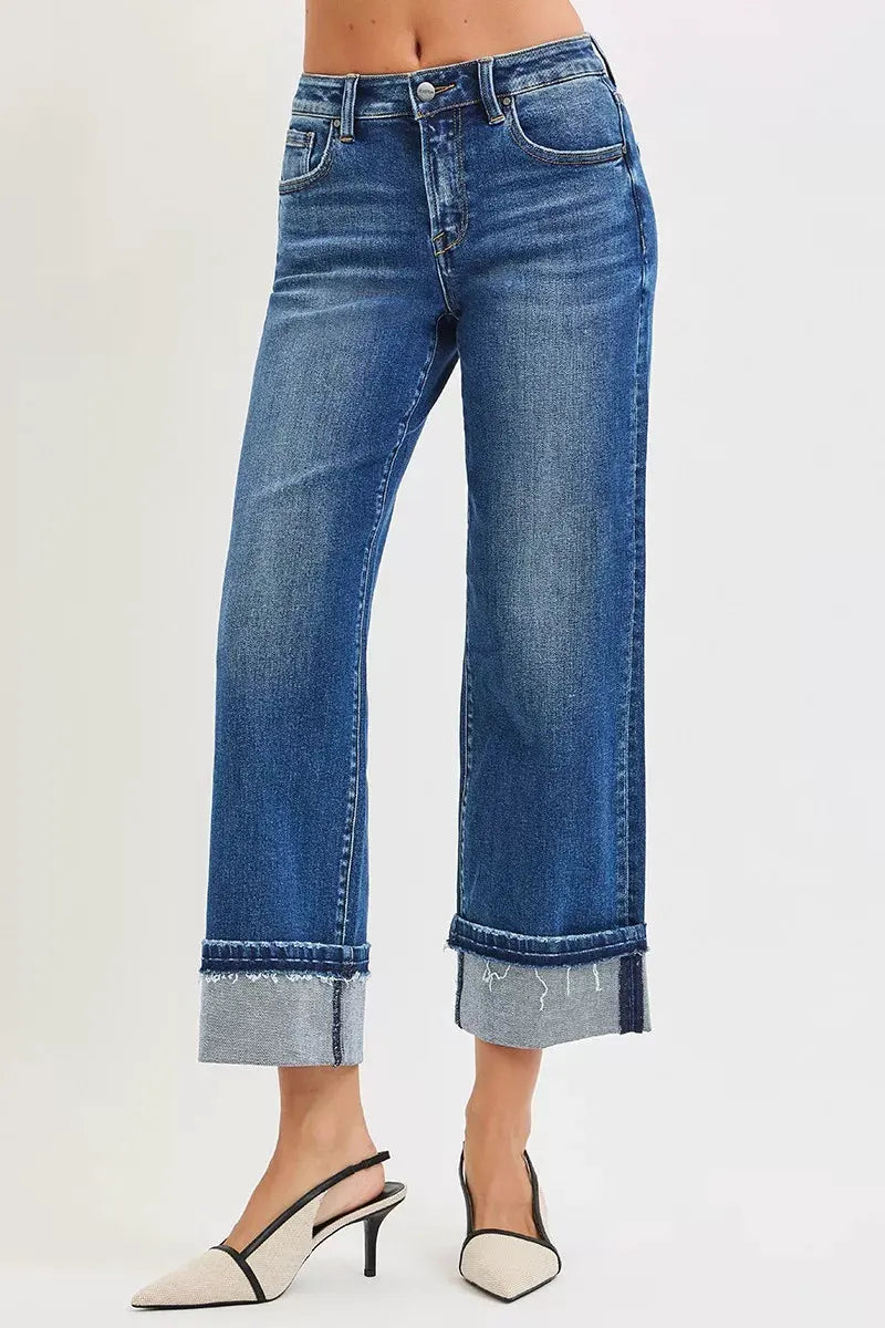 RISEN Mid Rise Ankle Straight Jeans with Cuffed Hem by RISEN