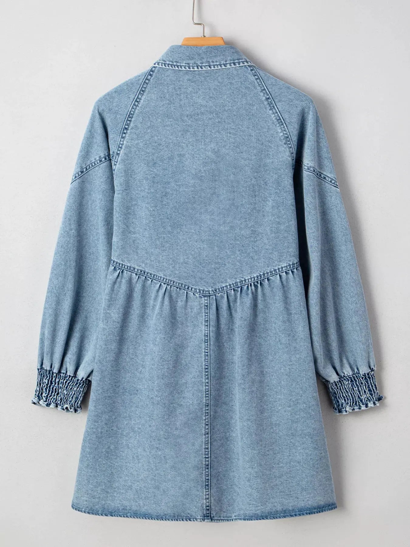 Smocked Cuffs Flared Denim Shirt Mini Dress by Partner Label