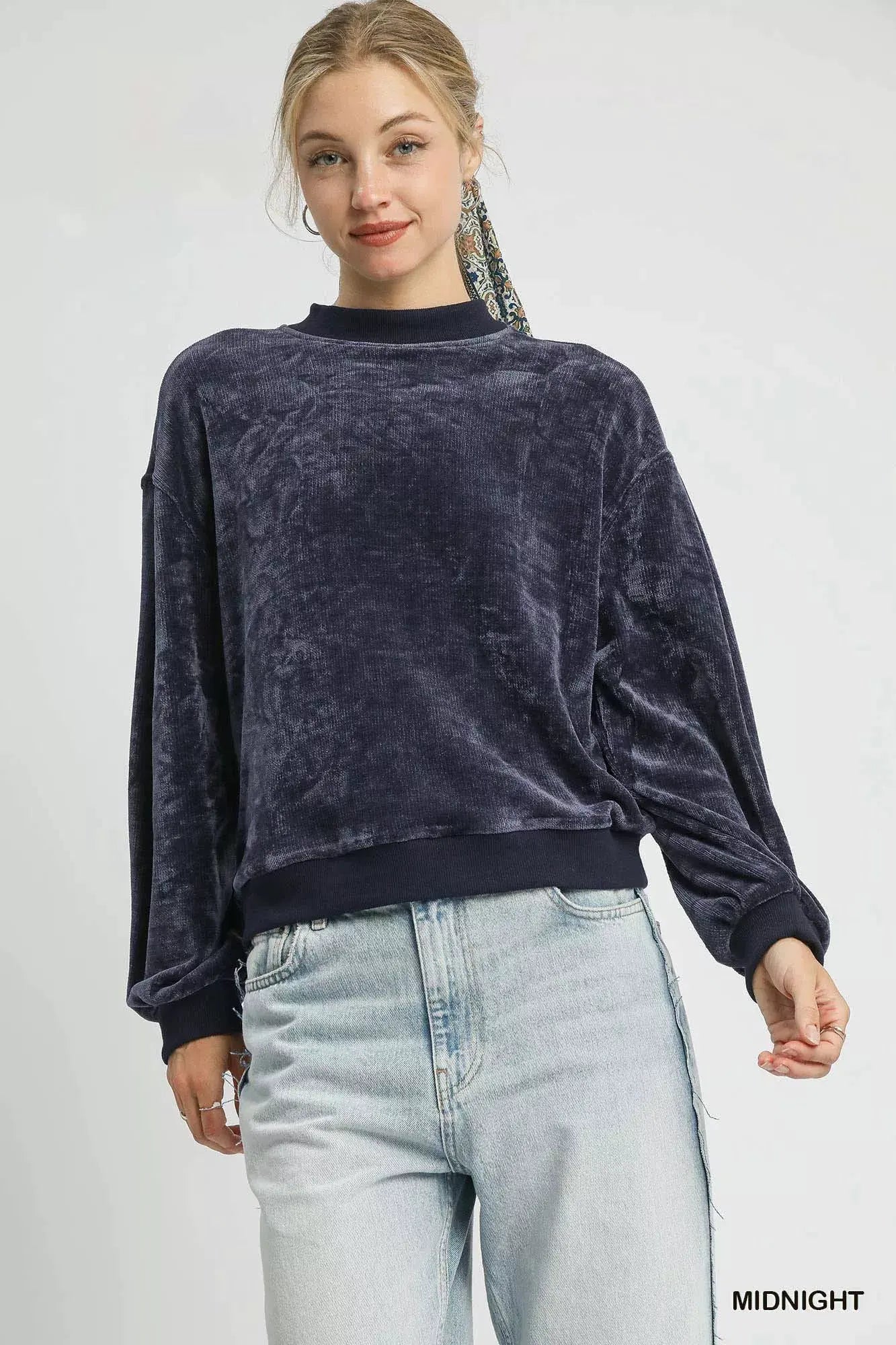 Umgee Velour Crewneck Balloon Sleeve Sweatshirt by Umgee