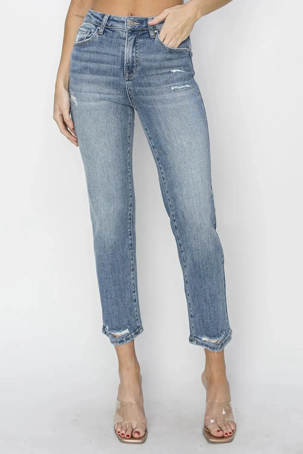 RISEN Full Size High Waist Distressed Cropped Jeans by RISEN