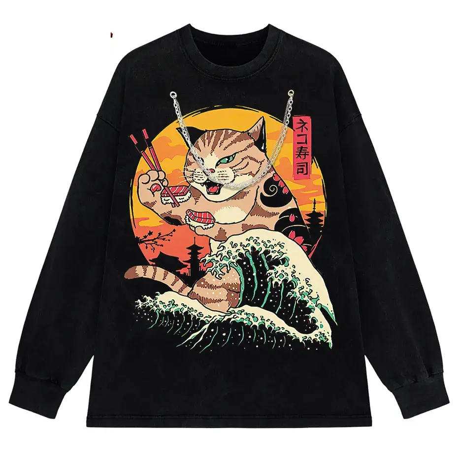 Japanese Genki Cat Anime Print Men's T-Shirt Casual O-Neck by Vimost Shop