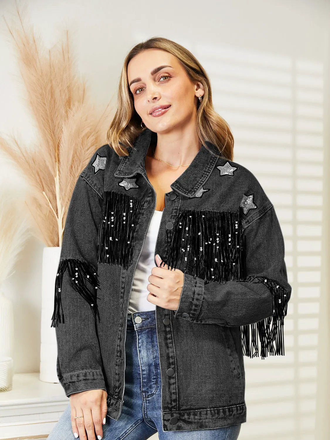 Fringe Detail Long Sleeve Denim Jacket by Partner Label