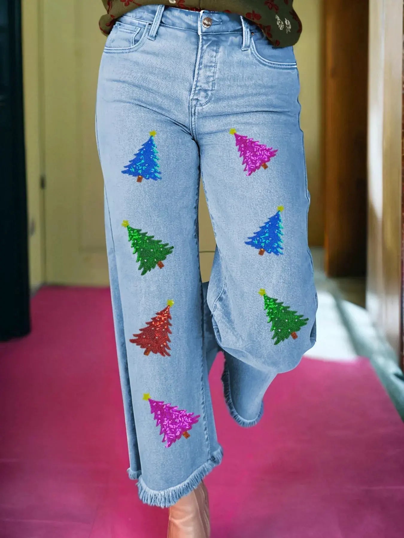 Colorful Sequin Christmas Tree Patched Raw Hem Cropped Wide Leg Jeans by Partner Label