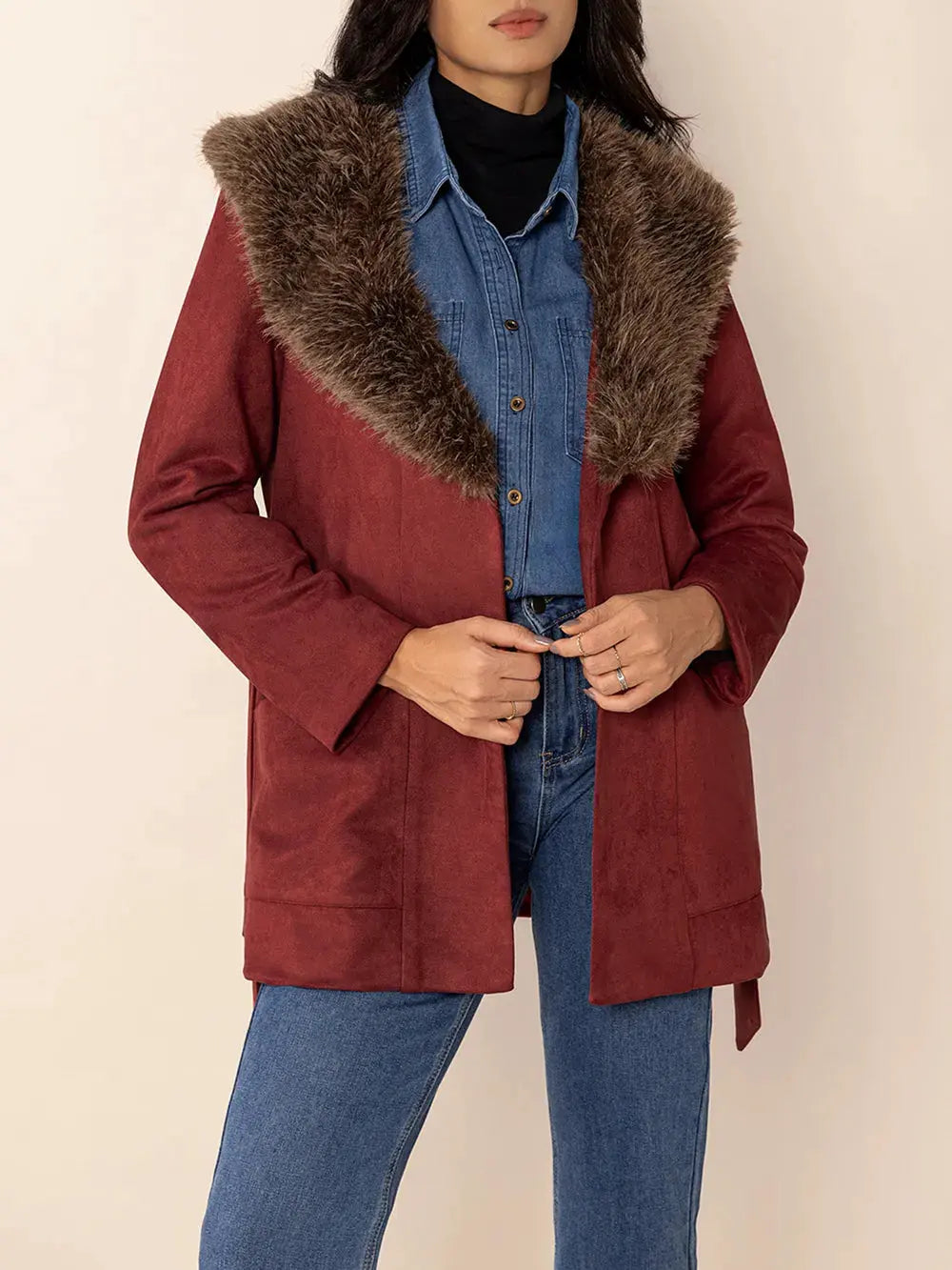 Fuzzy Collared Neck Tie Waist Jacket by Partner Label