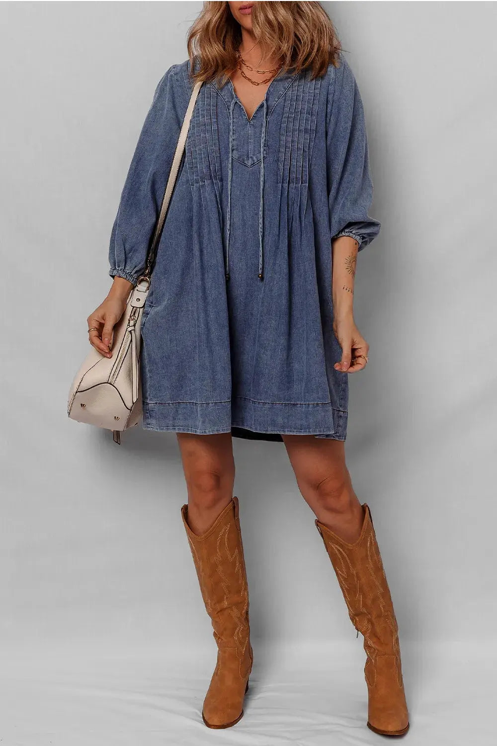 Tie Neck Long Sleeve Mini Denim Dress by Partner Label