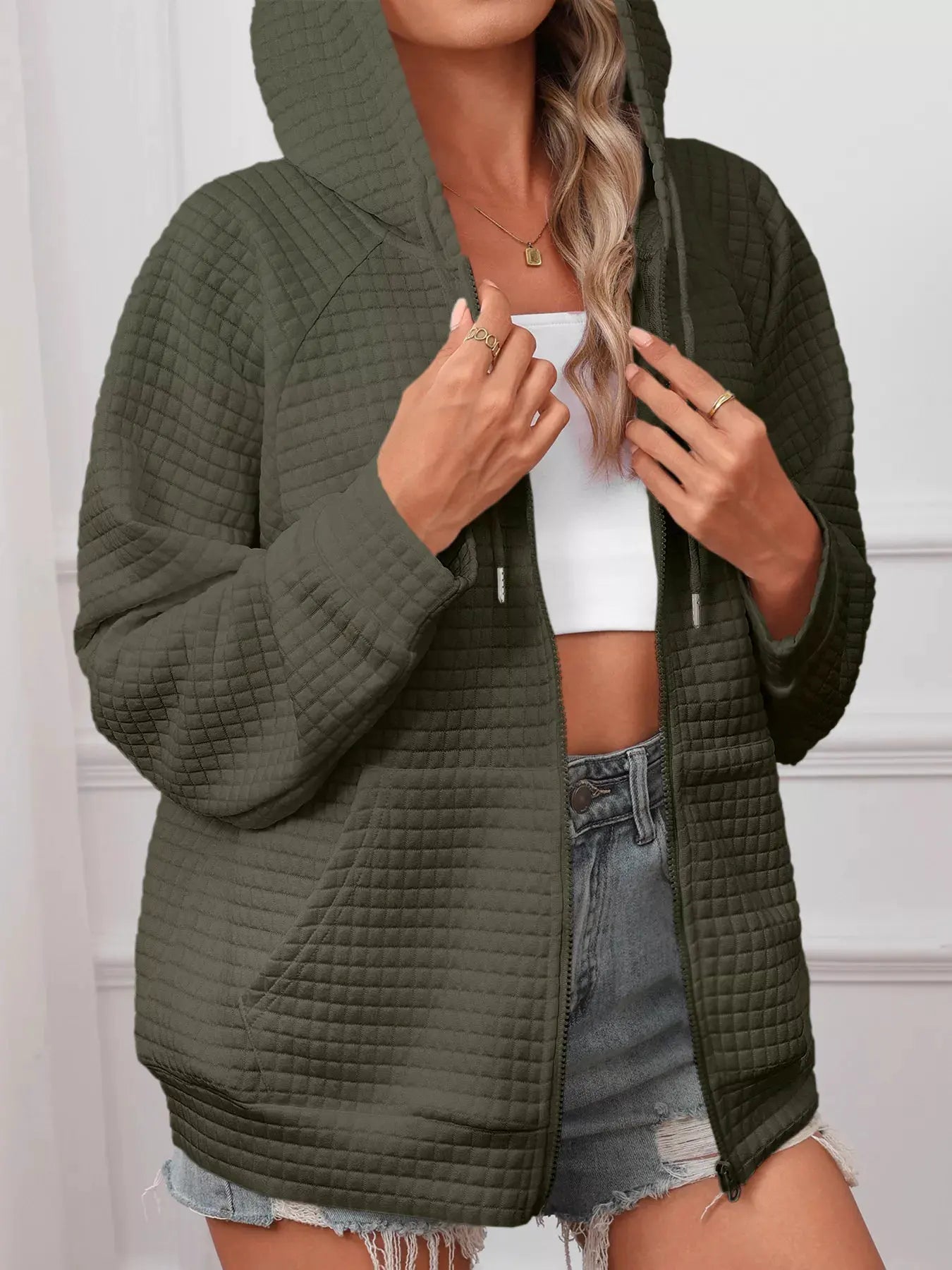 Full Size Textured Quilted Zip-Up Hooded Jacket Plus Size by Partner Label