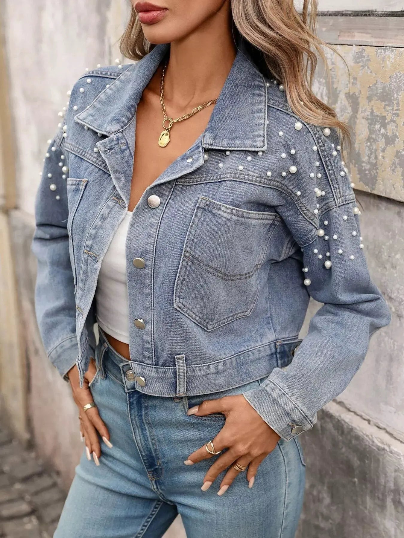 Pearl Embellished Cropped Denim Jacket by Partner Label