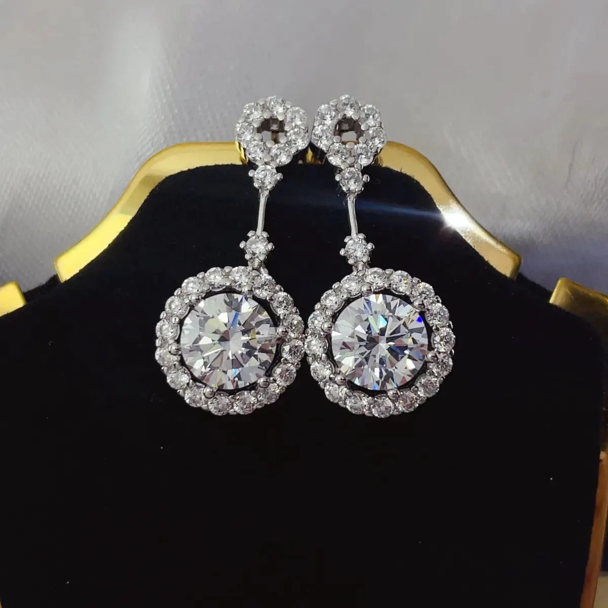 4 Carat Crystal Drop Dangle Earrings with Round Halo Design by Partner Label