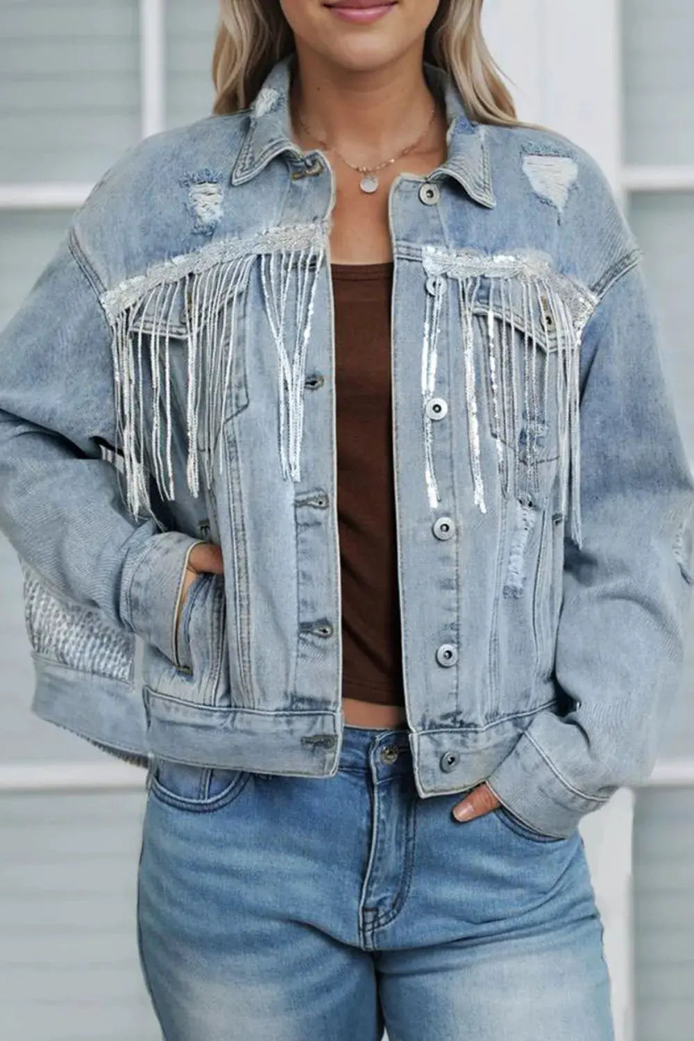 Sequin Fringe Trim Distressed Button Up Denim Jacket by Partner Label
