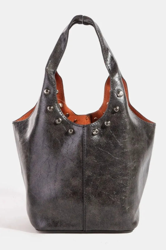 Fame Weathered Faux Leather And Studs Bucket Bag by Fame