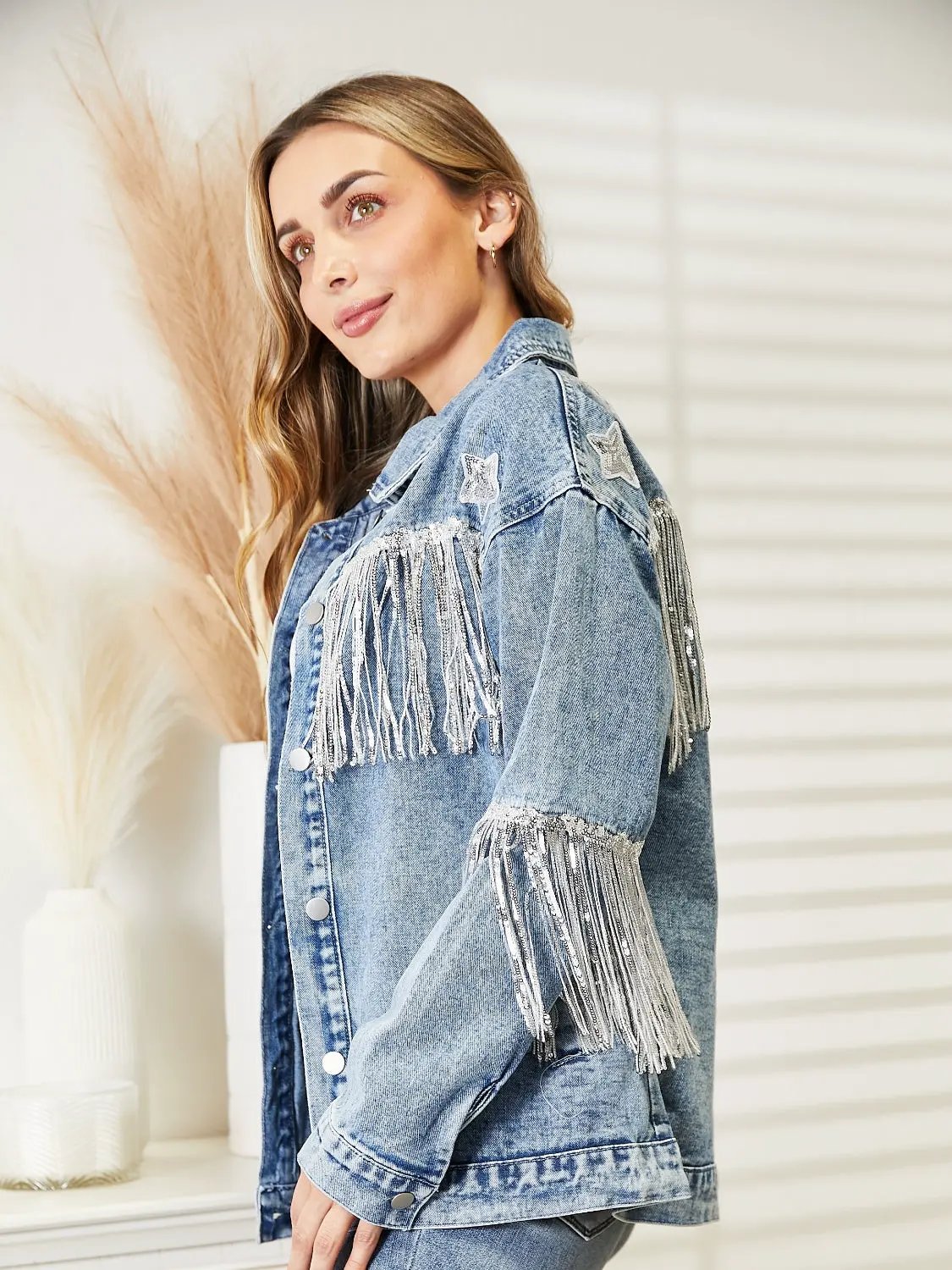 Fringe Detail Long Sleeve Denim Jacket by Partner Label