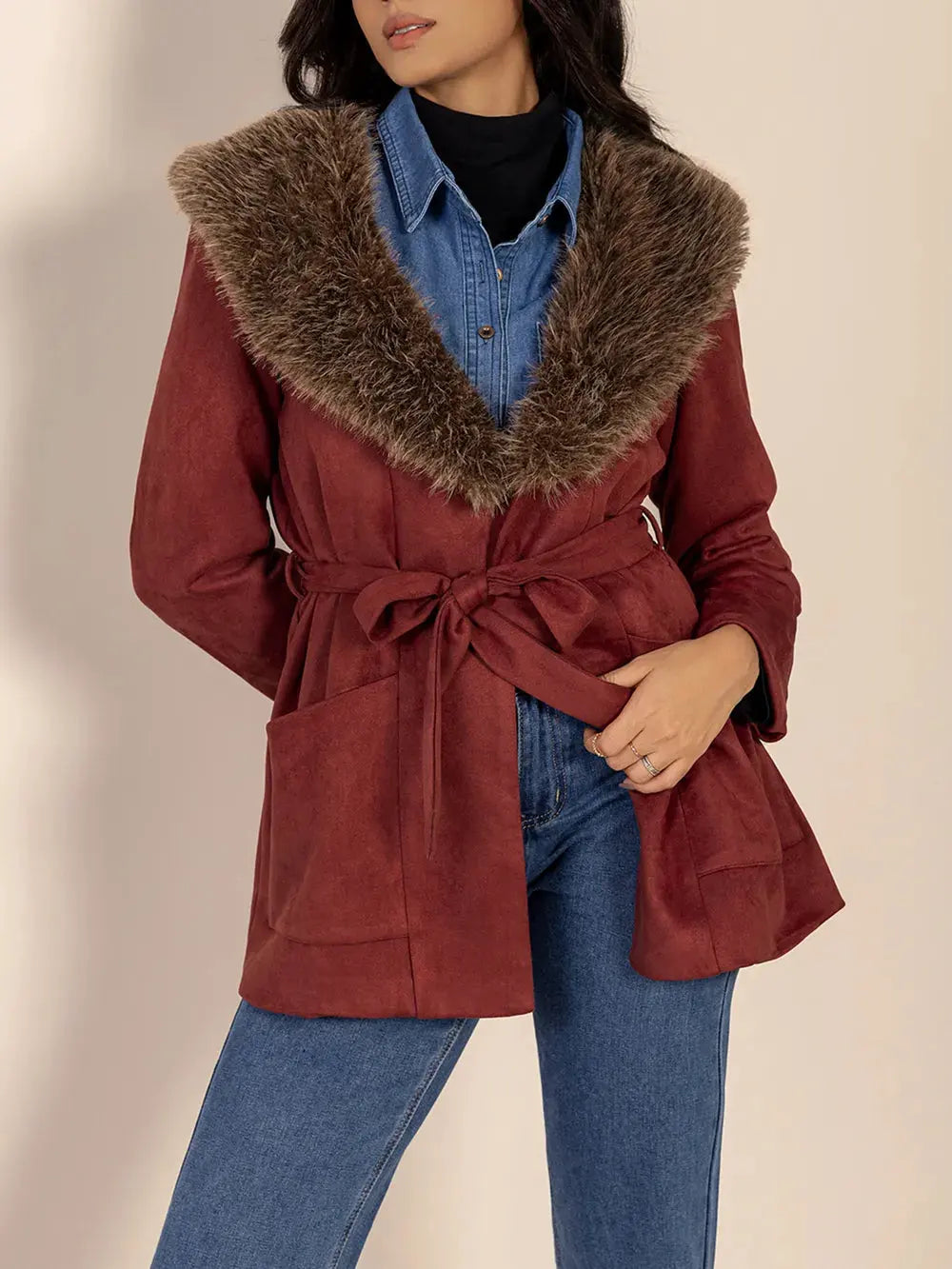 Fuzzy Collared Neck Tie Waist Jacket by Partner Label