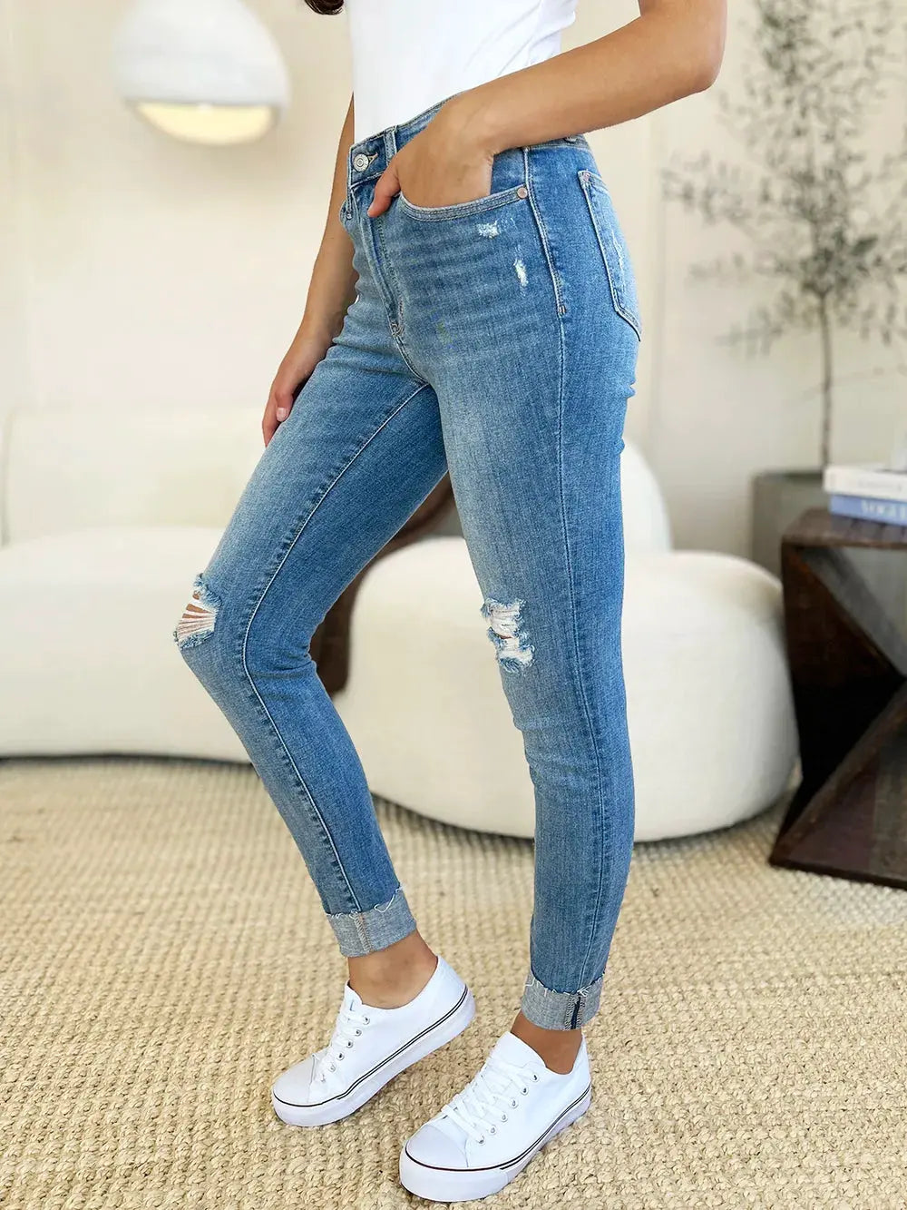 Judy Blue Full Size Mid Rise Destroy & Cuff Skinny Jeans by Judy Blue