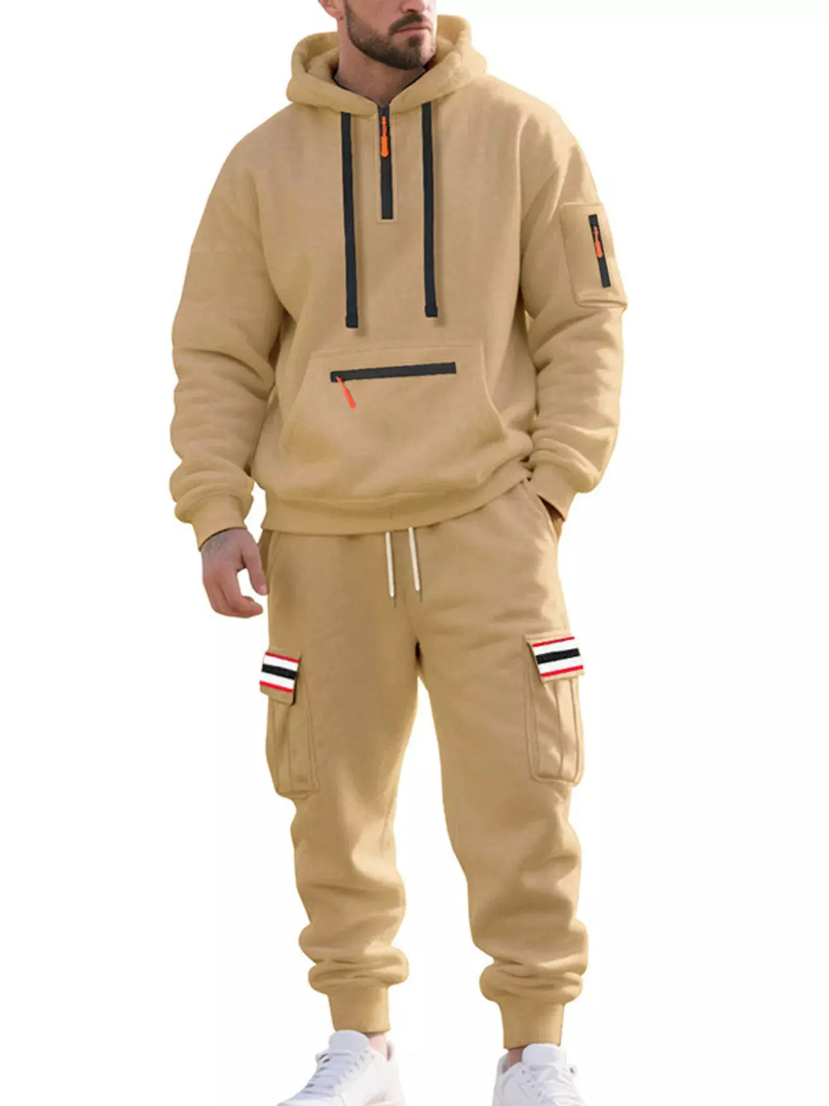 Men's Full Size Casual Half-Zip Hoodie and Cargo Pants Set Plus Size by Trendsi