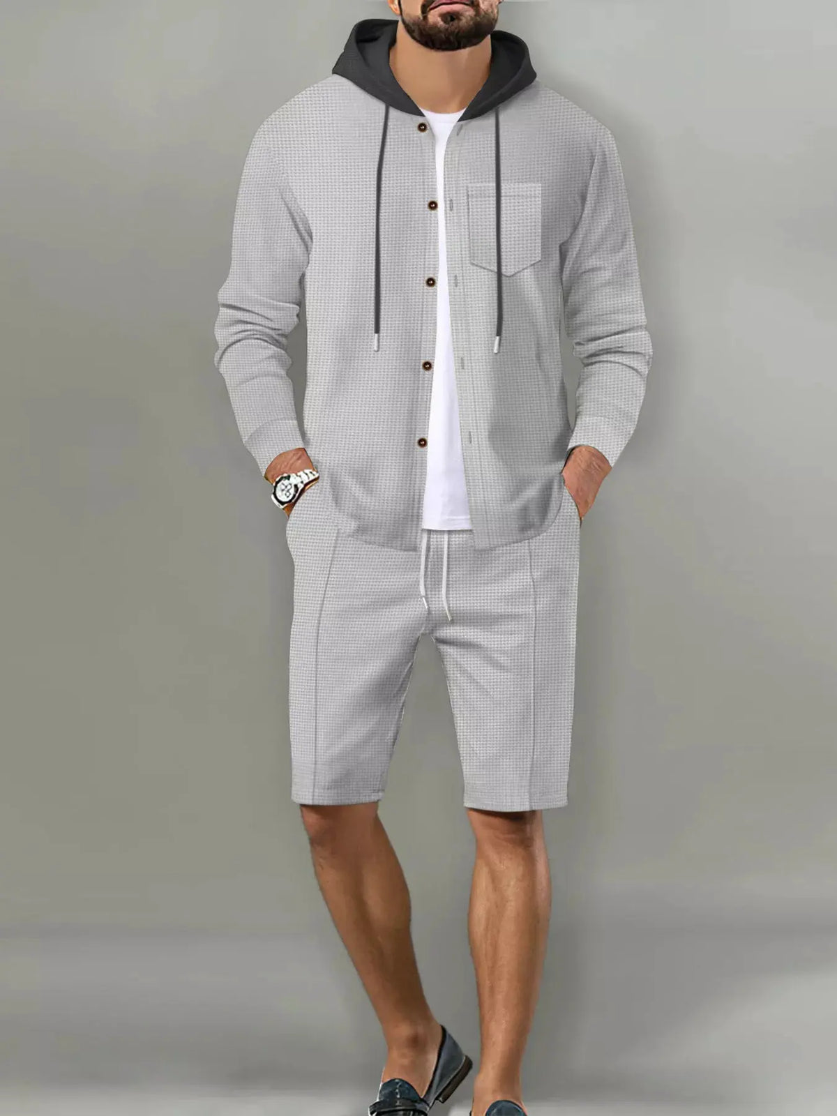 Men's Full Size Casual Hooded Button-Up Top and Shorts Set Plus Size by Trendsi