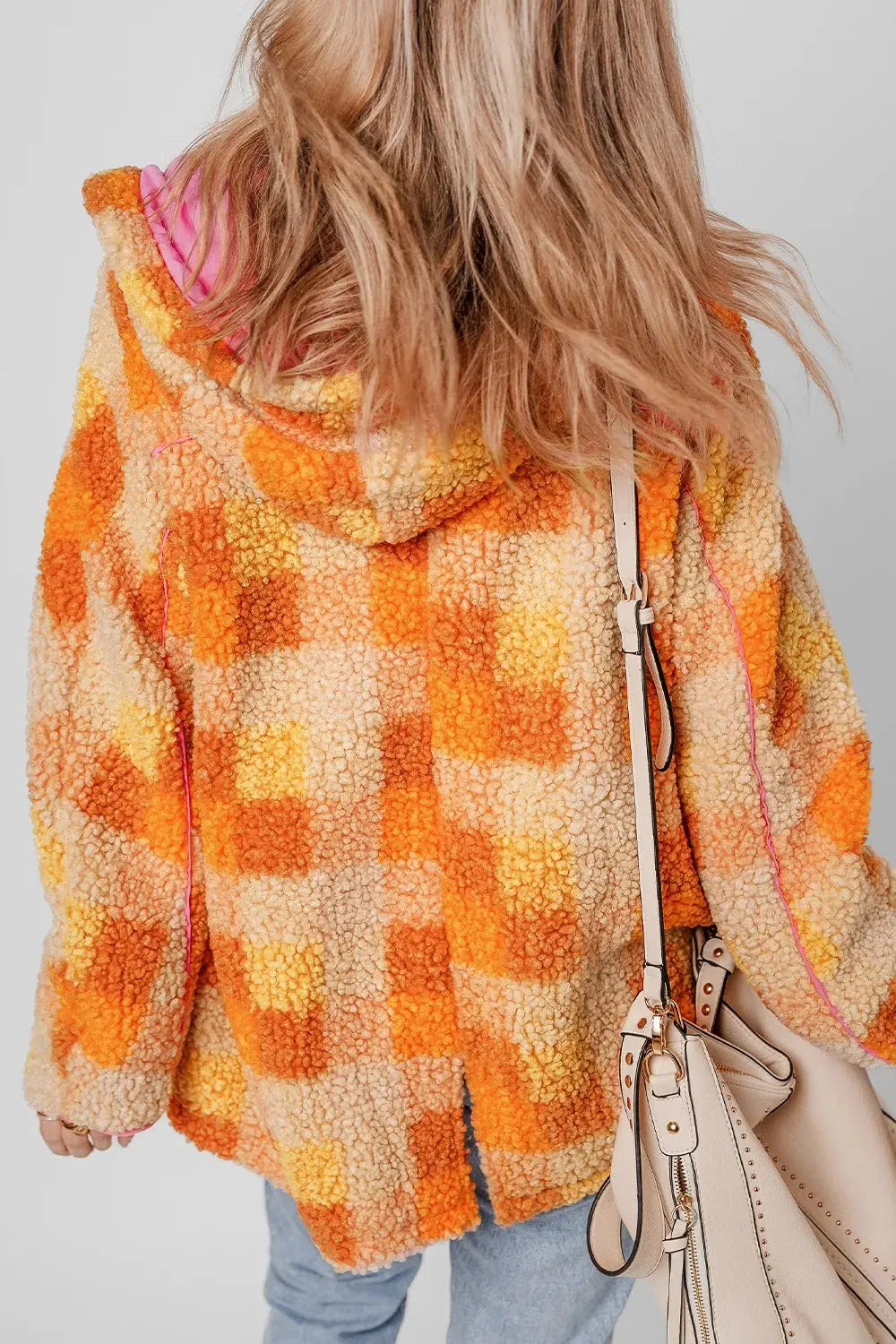 Checkered Long Sleeve Sherpa Hooded Jacket by Partner Label