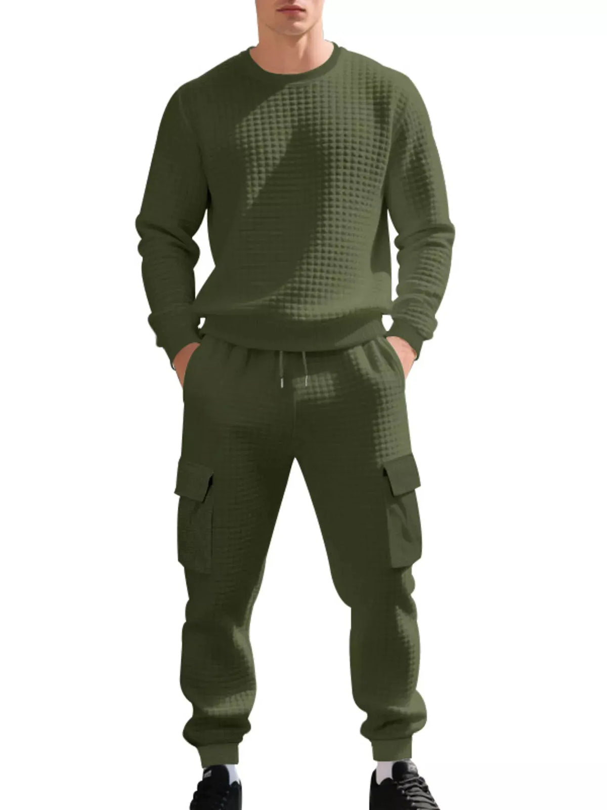 Men's Plus Size Waffle Knit Textured Crewneck Sweatshirt and Jogger Set by Trendsi