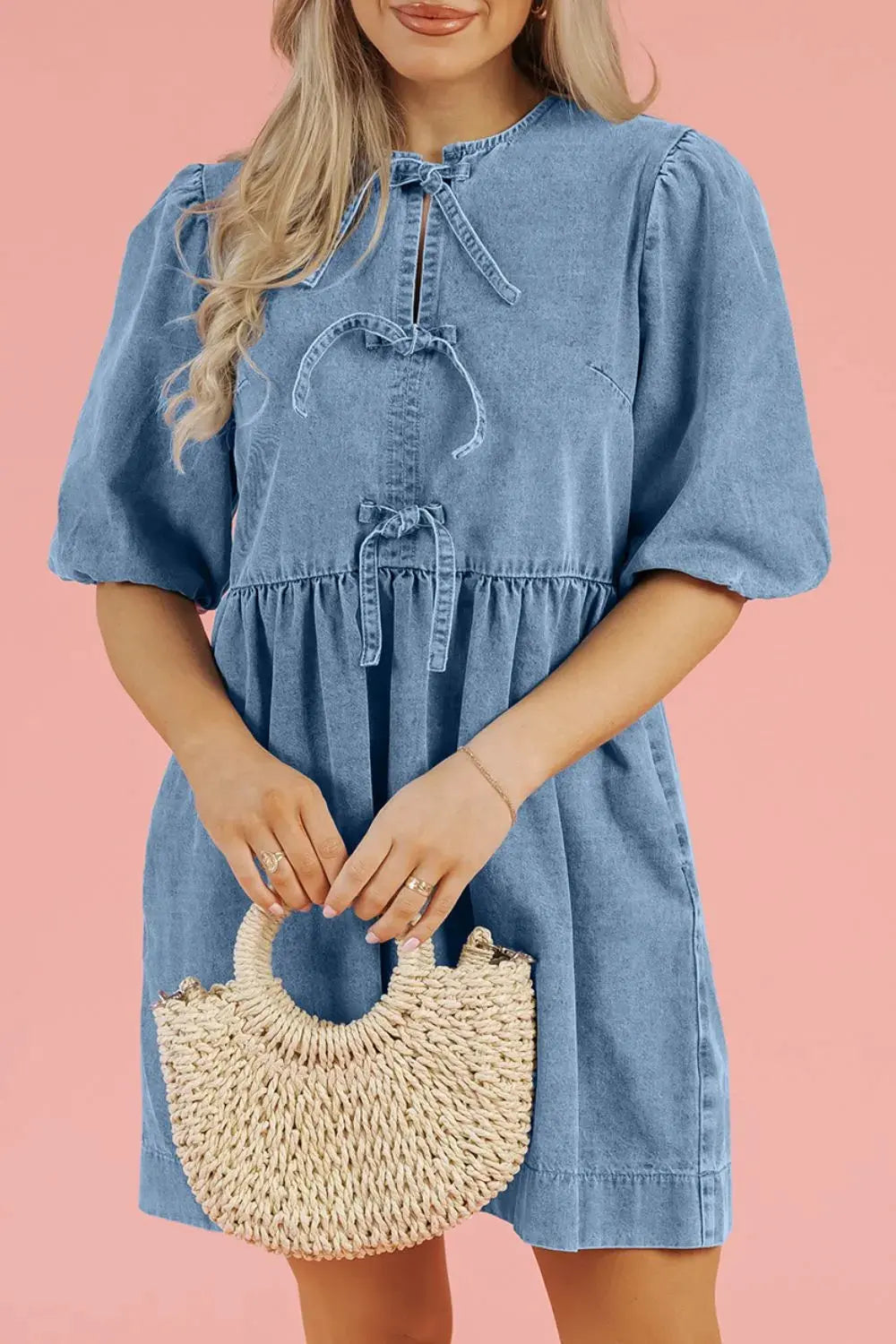 Bowknot Round Neck Half Sleeve Denim Dress by Partner Label