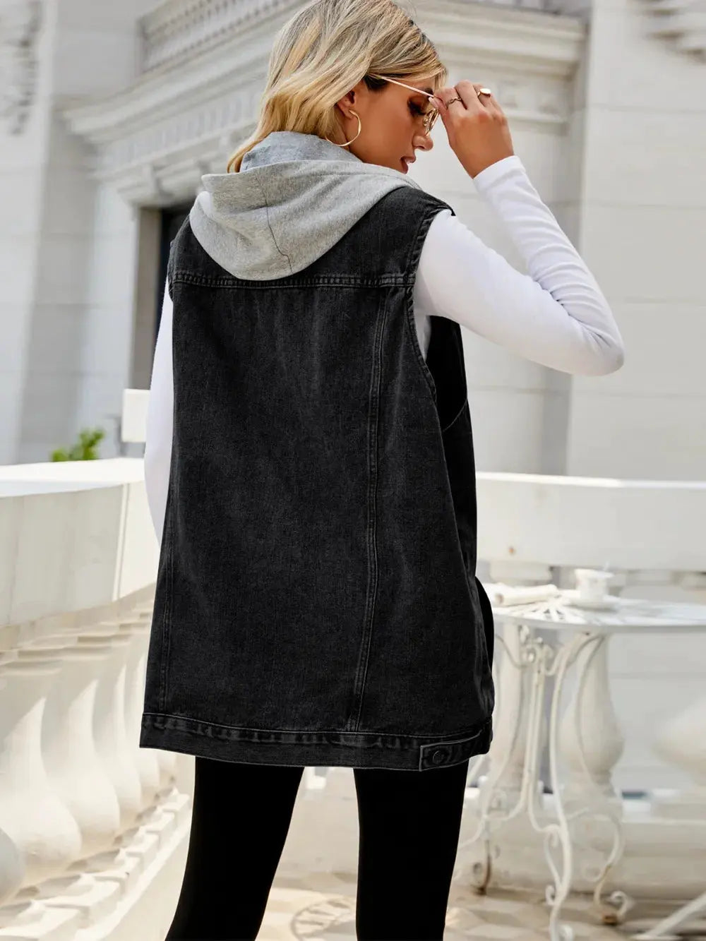 Drawstring Pocketed Button Up Sleeveless Denim Jacket by Partner Label