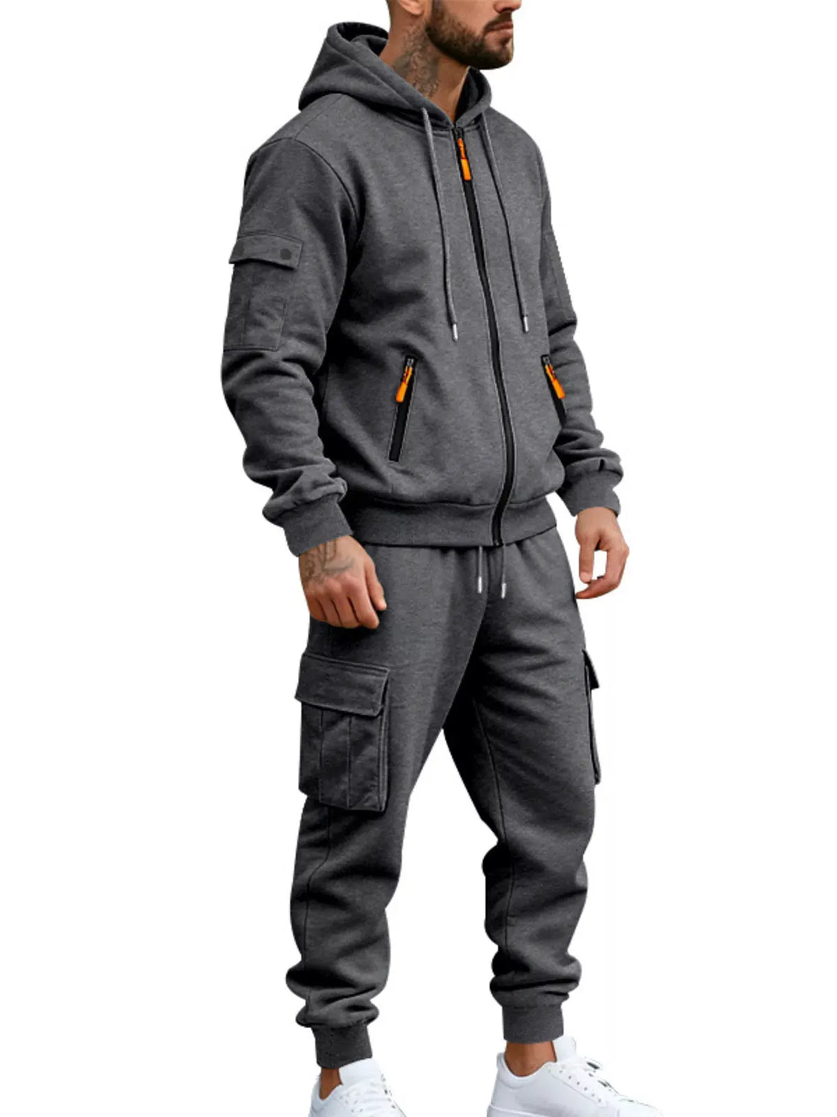 Men's Plus Size Casual Zip-Up Hoodie and Cargo Pants Set by Partner Label