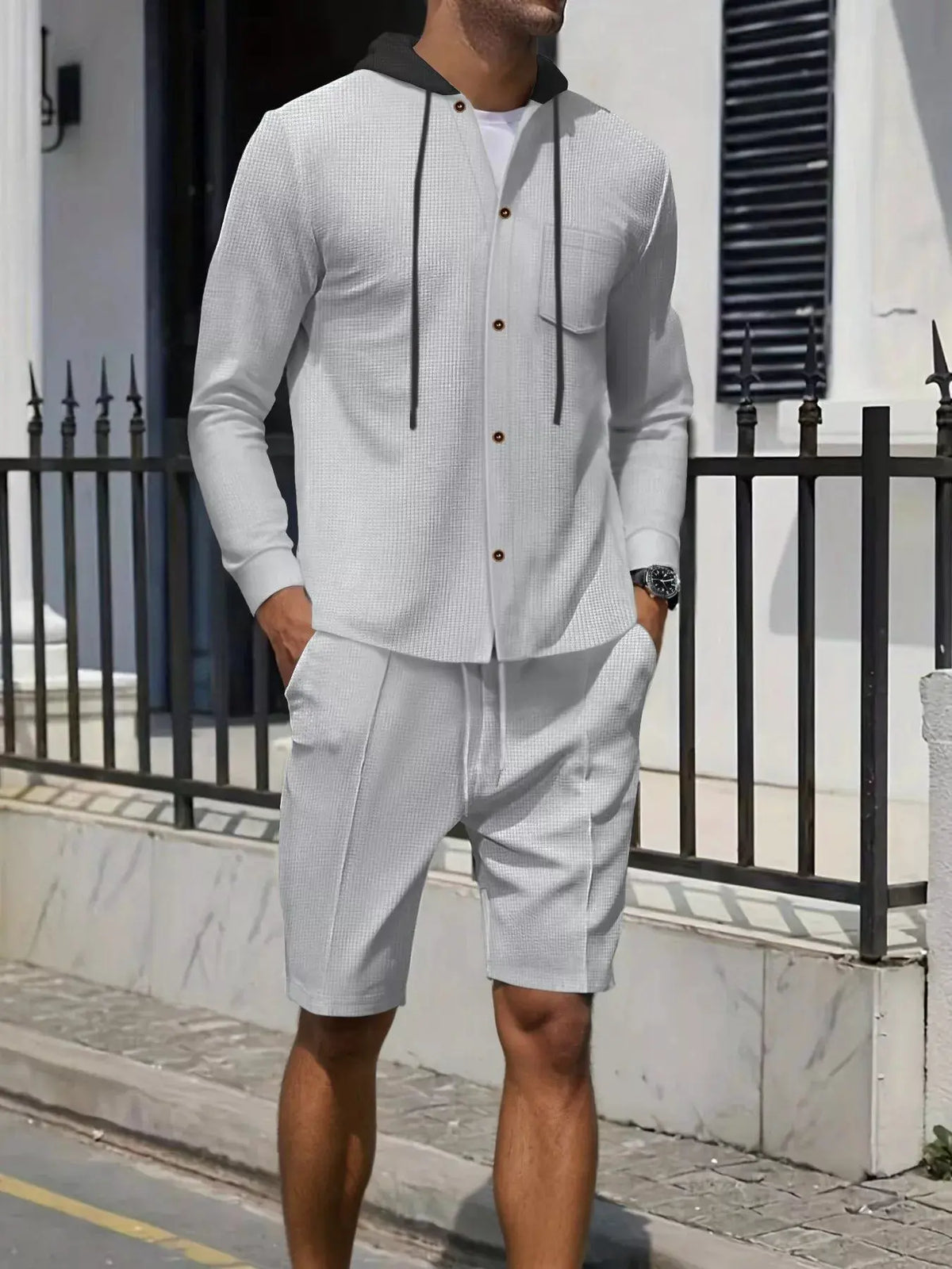Men's Full Size Casual Hooded Button-Up Top and Shorts Set Plus Size by Trendsi