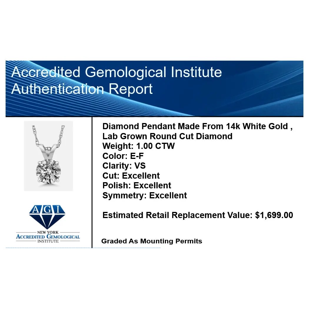 1 Ctw Round Lab Grown Diamond Pendant Necklace in 14K Gold (AGI Certified) by Equanimity Essence