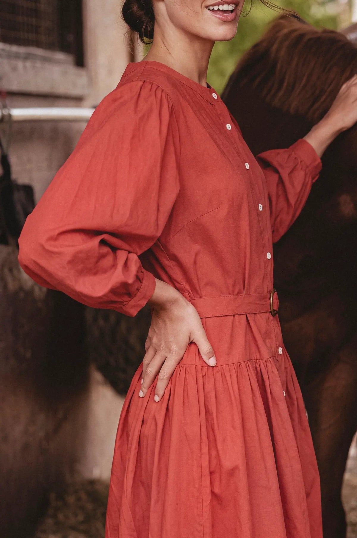 Arbelle Belted Cotton Button-Front Midi Dress by ELF