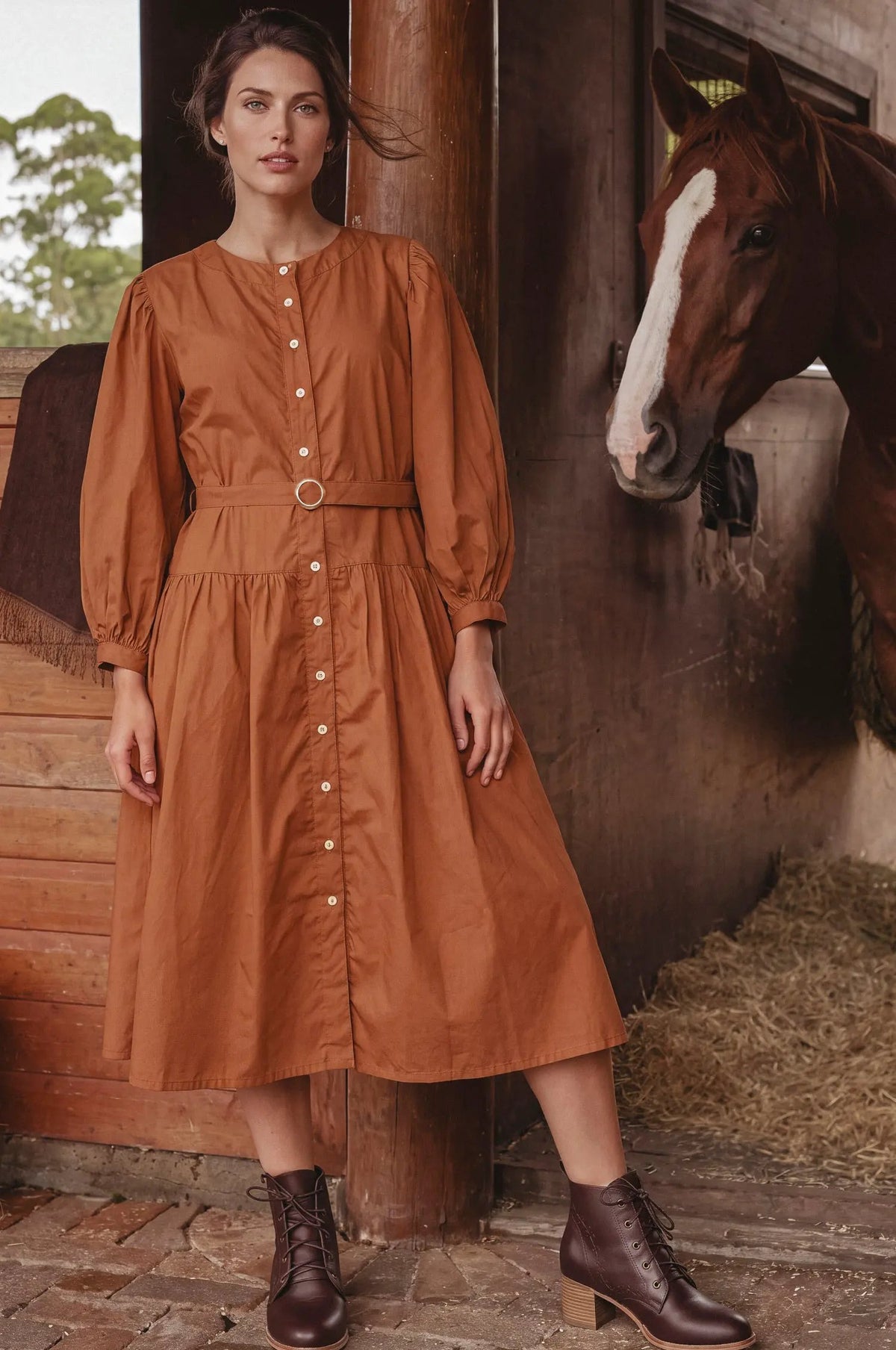 Arbelle Belted Cotton Button-Front Midi Dress by ELF