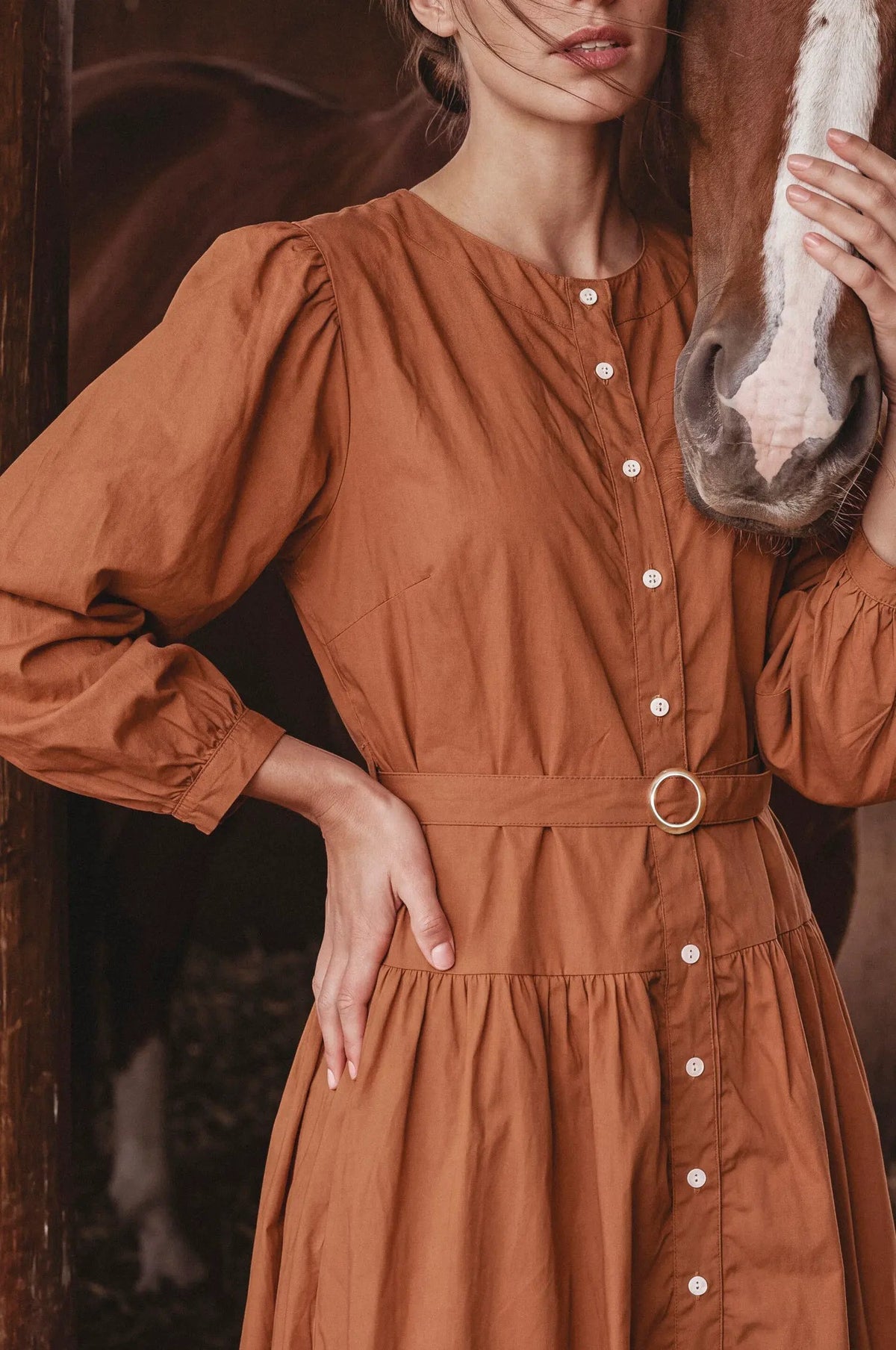 Arbelle Belted Cotton Button-Front Midi Dress by ELF