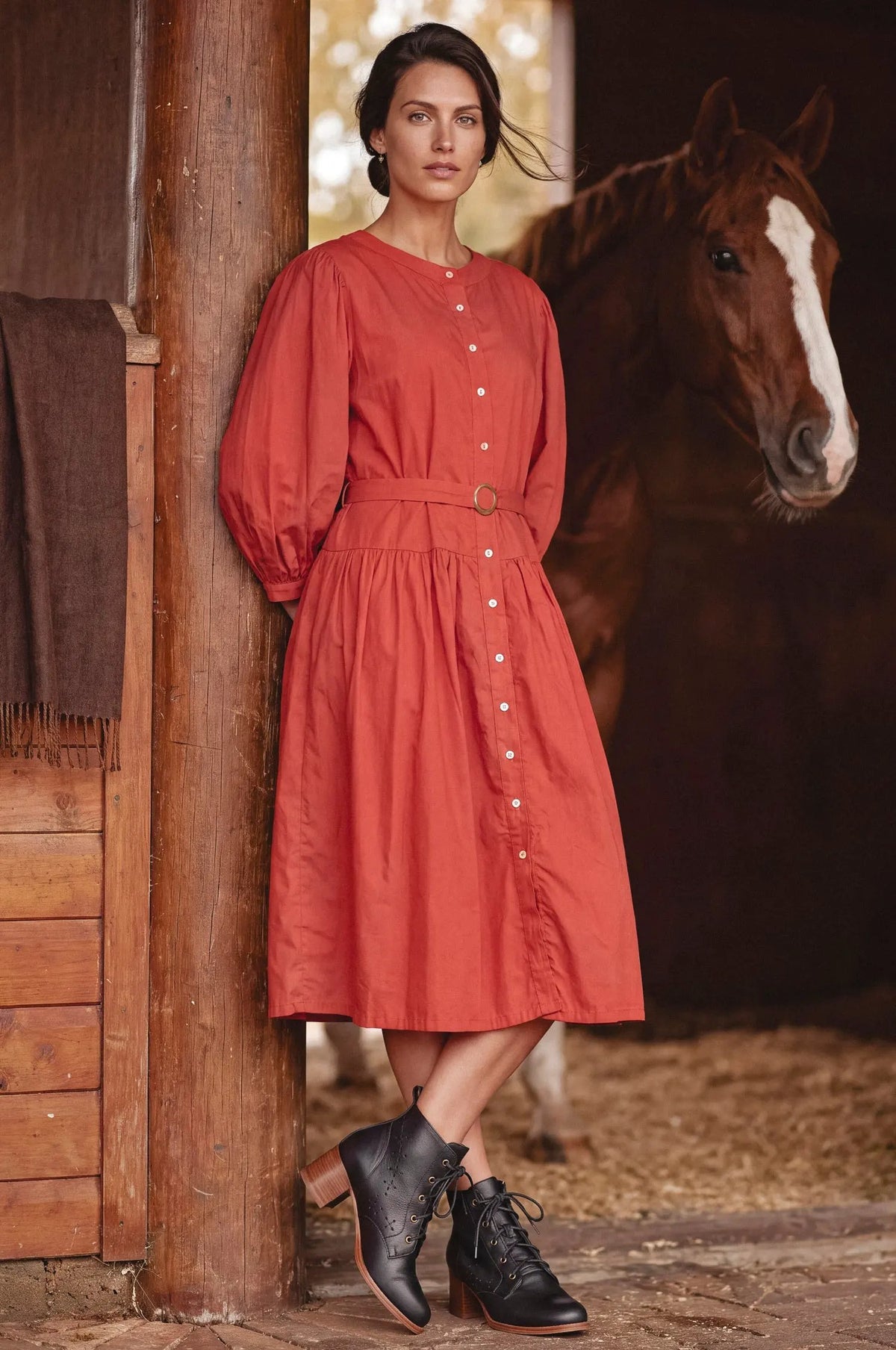 Arbelle Belted Cotton Button-Front Midi Dress by ELF