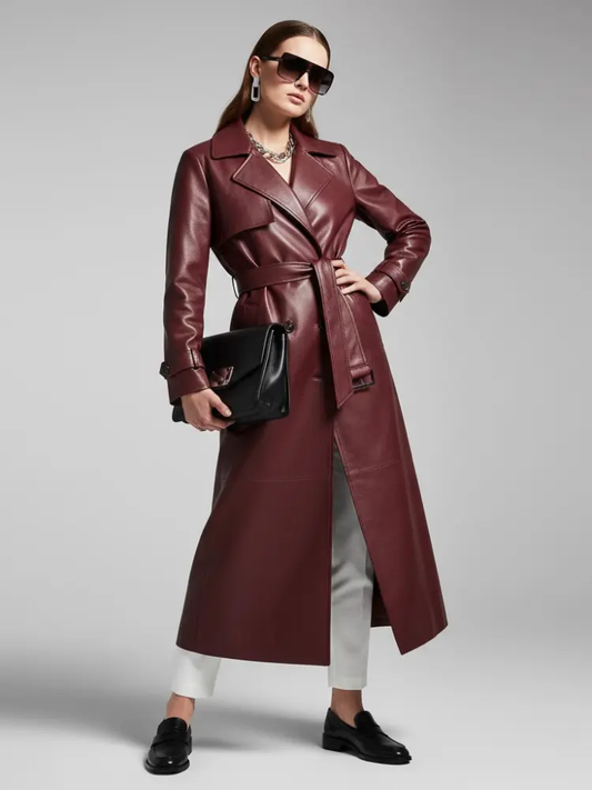 Burgundy Vegan Leather Long Trench Coat - BED-STUY: New Collection COUTURE in BROOKLYN - BYMANYC ® New York by BYMANYC ® New York
