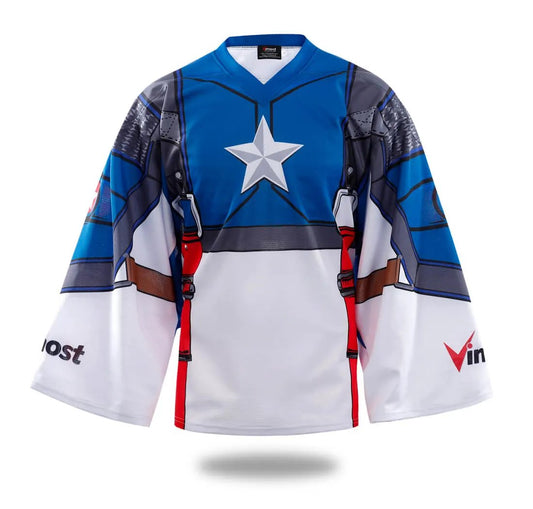 Custom Red White Blue Shield Ice Hockey Jersey by Vimost Sportswear