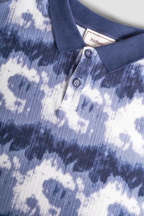 Cloud Pattern Short-Sleeve Knit Polo Shirt by Hideout