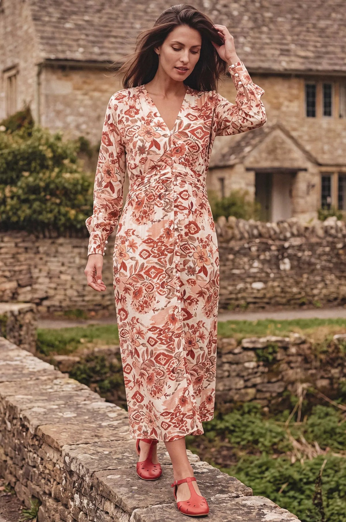 Lila Grace Long Sleeve Pearl Button Midi Dress by ELF