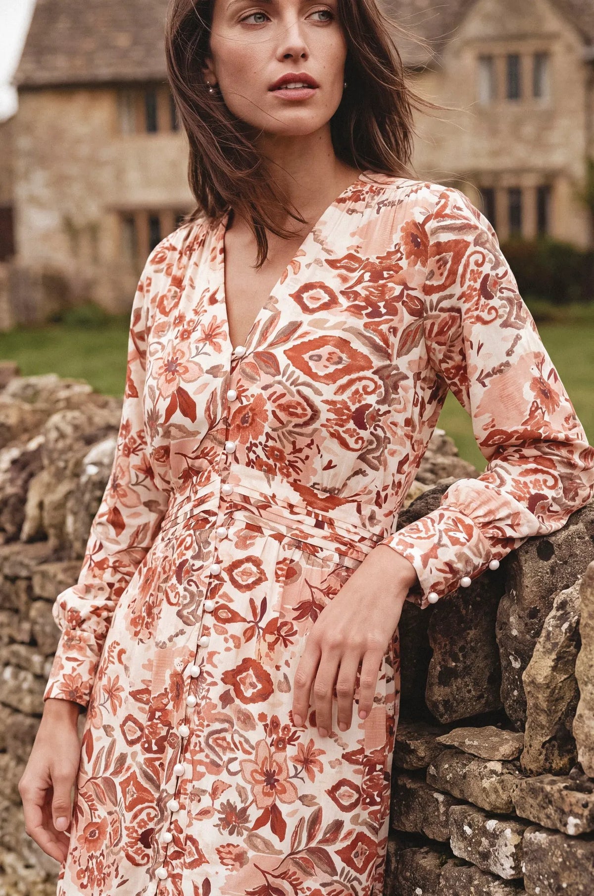 Lila Grace Long Sleeve Pearl Button Midi Dress by ELF