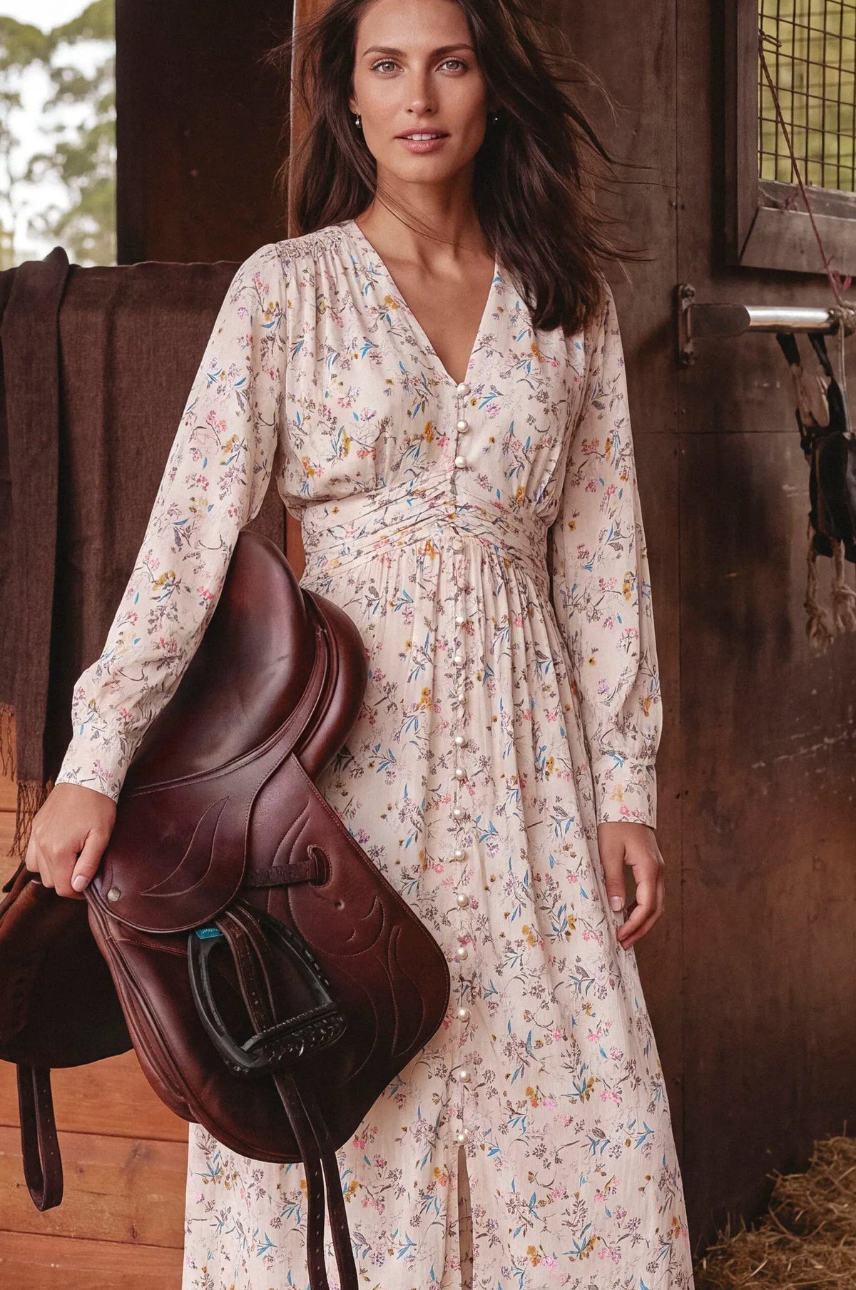 Lila Grace Long Sleeve Pearl Button Midi Dress by ELF