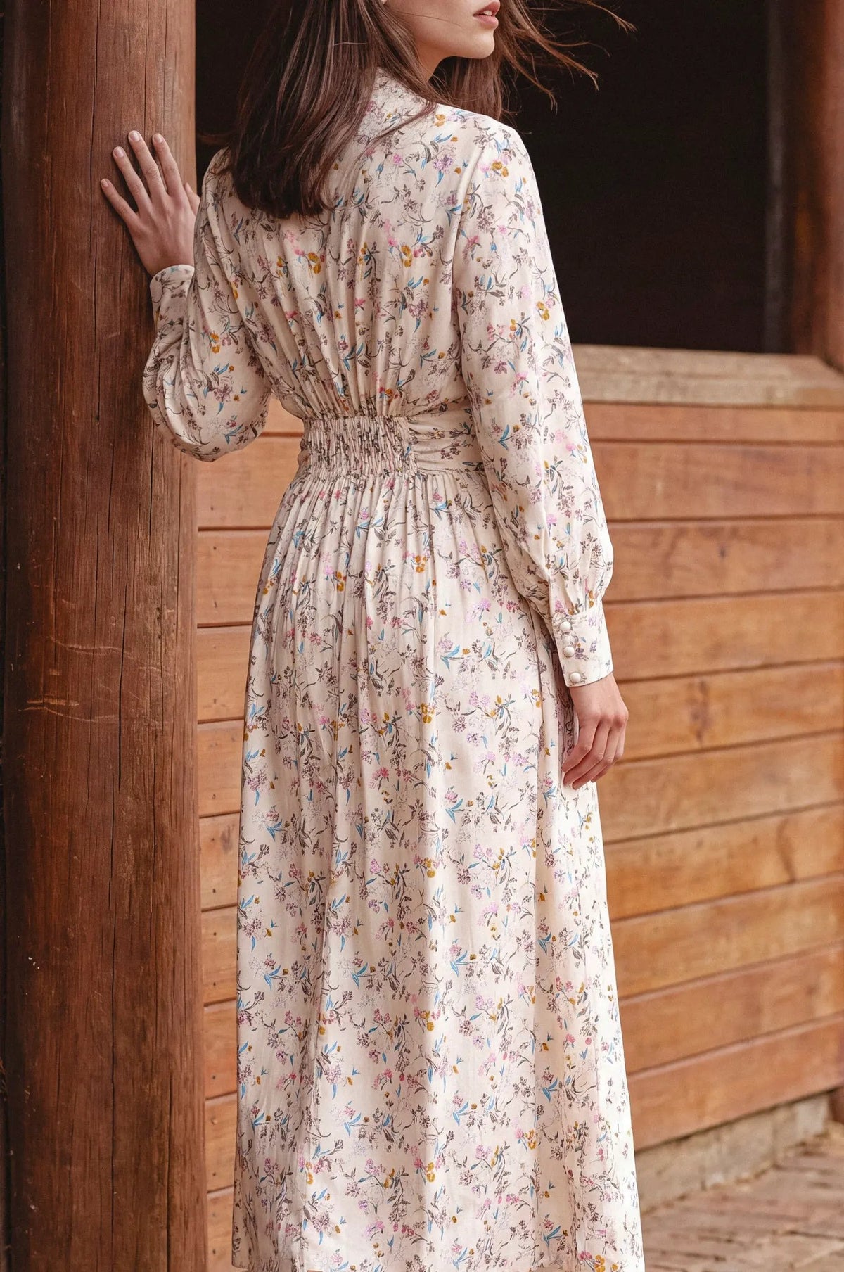 Lila Grace Long Sleeve Pearl Button Midi Dress by ELF