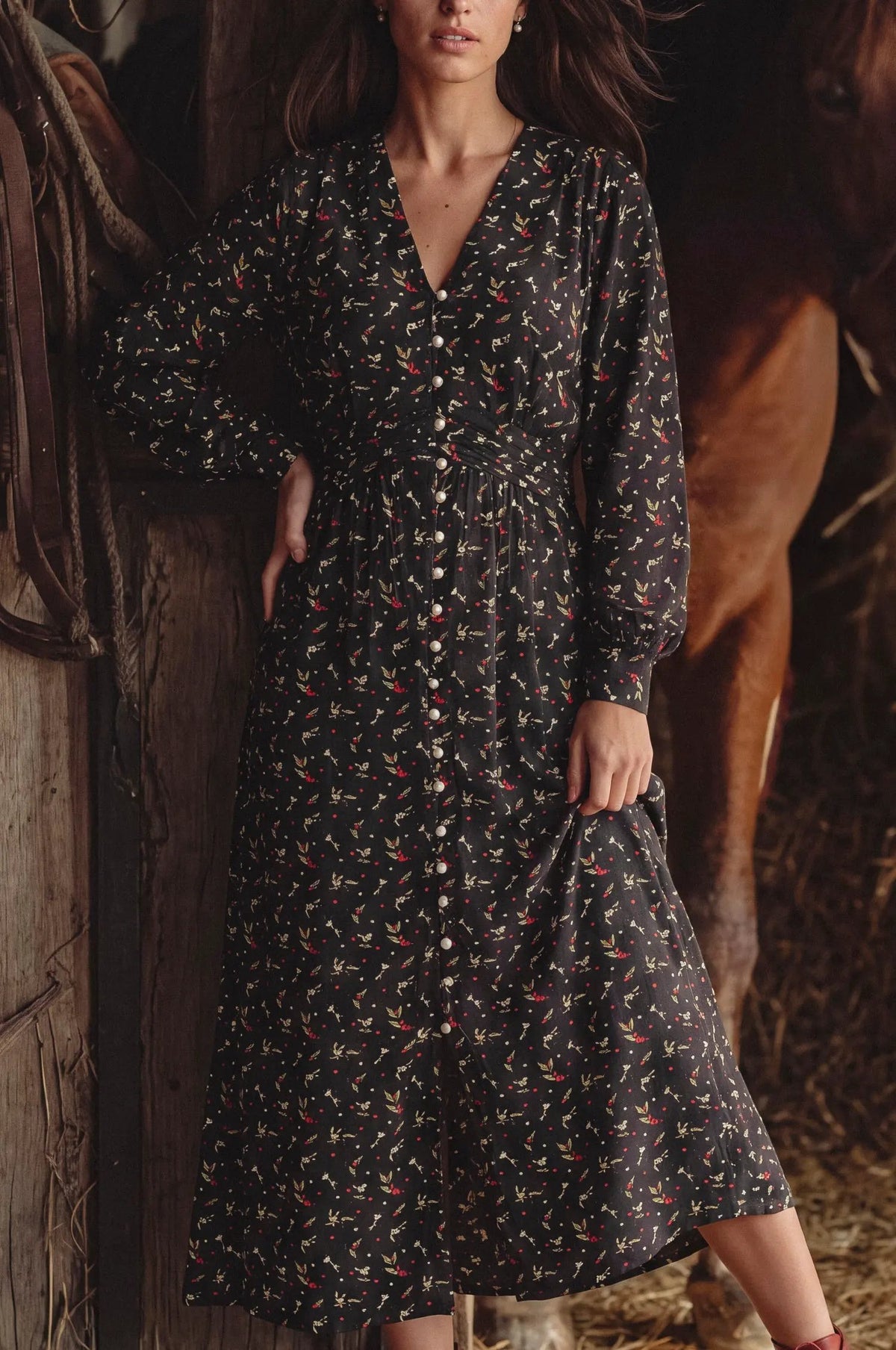 Lila Grace Long Sleeve Pearl Button Midi Dress by ELF