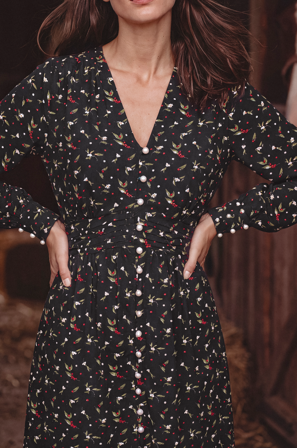 Lila Grace Long Sleeve Pearl Button Midi Dress by ELF