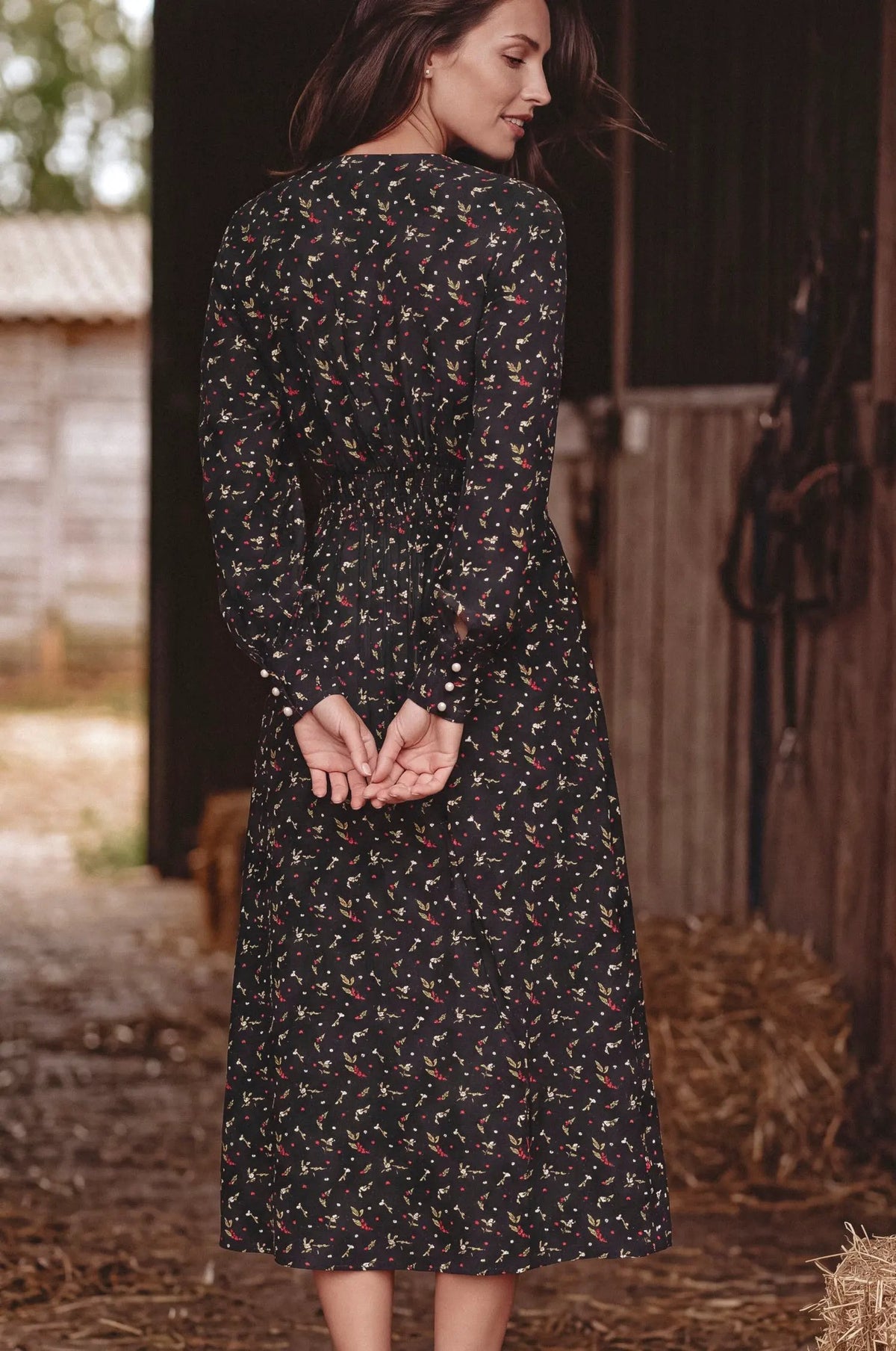 Lila Grace Long Sleeve Pearl Button Midi Dress by ELF