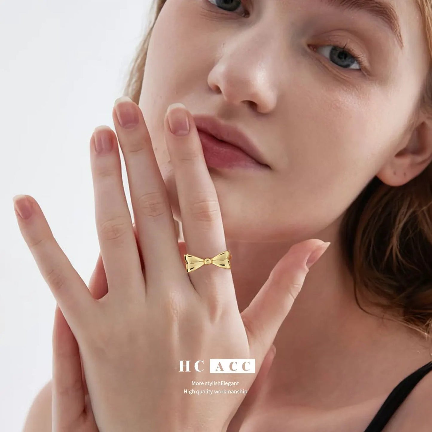 European and American style copper plated real gold bow ring opening design adjustable size fashion luxury high-end ring by Dropsure