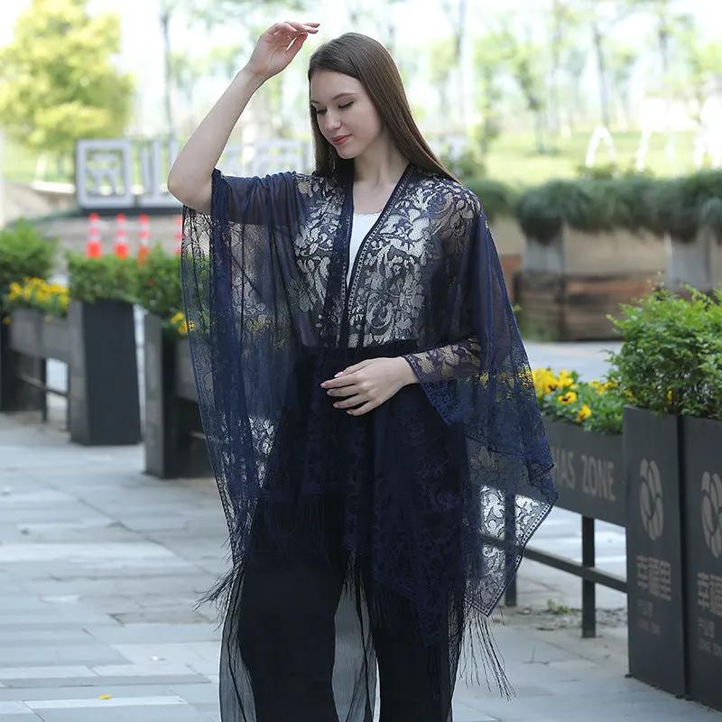 Lace fringed cardigan large shawl, sun protection shawl, women's evening dress cheongsam shawl, travel and vacation beach shawl by Dropsure