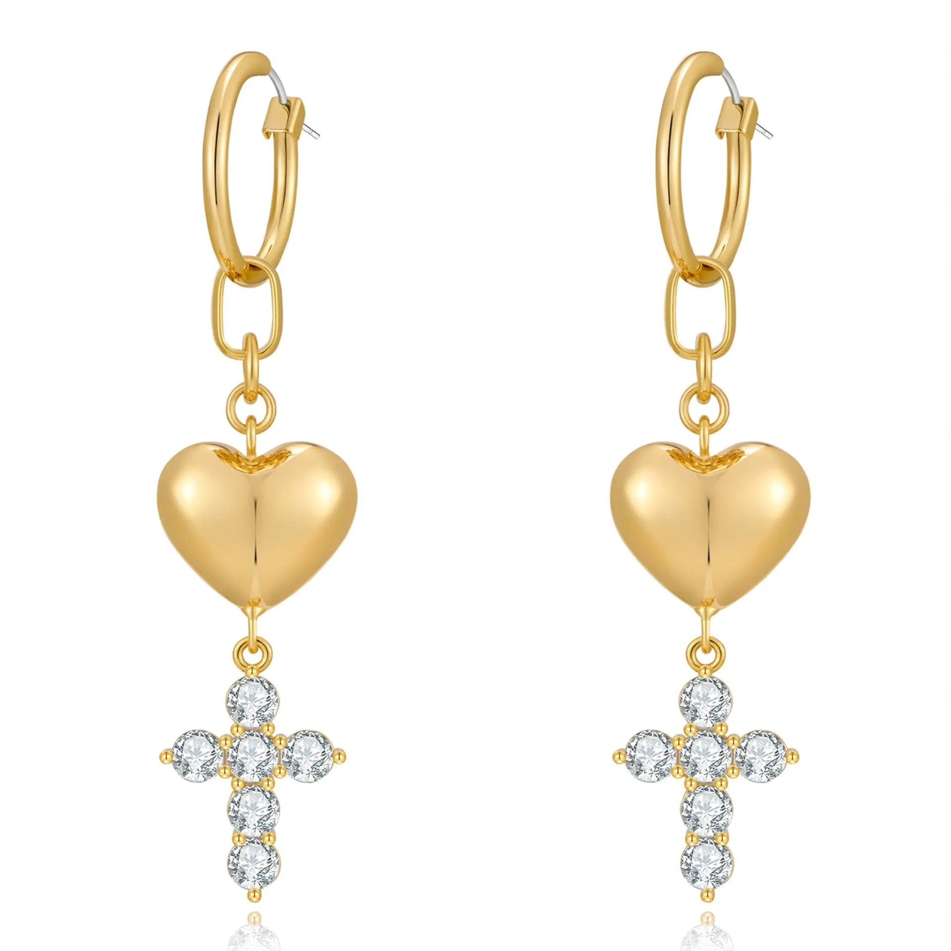 Fashionable heart-shaped ear buckle French retro sweet heart-shaped cross earrings, niche zircon light luxury high-end earrings by Dropsure