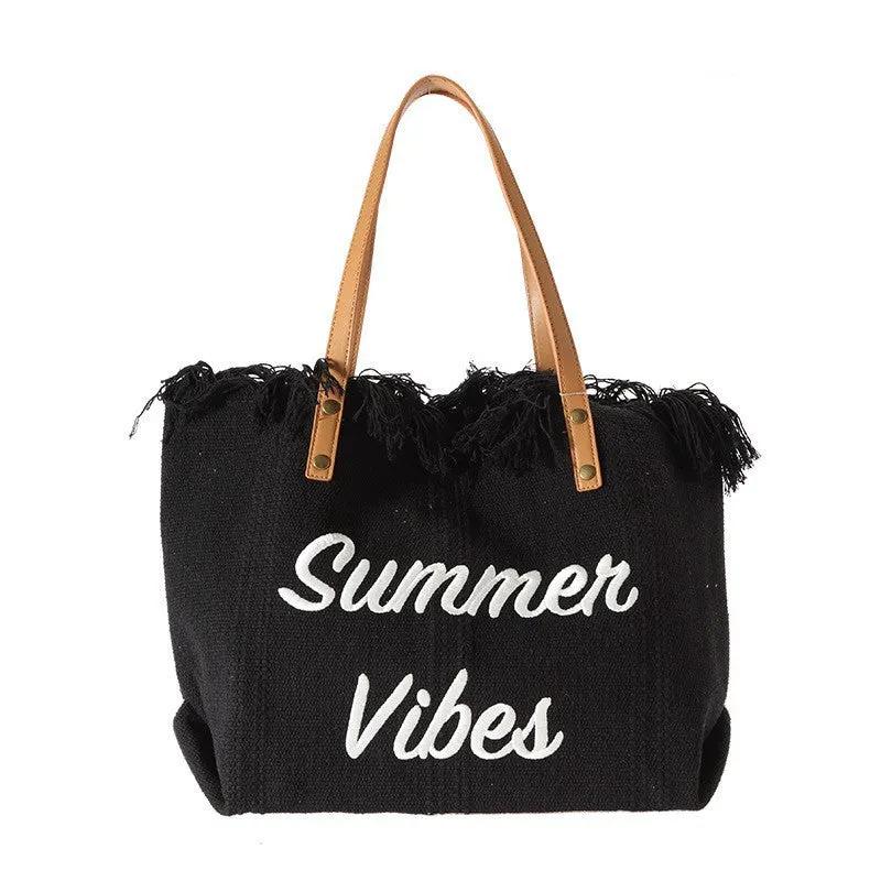 Large capacity canvas tote bag with embroidered letters, handbag for women, woven beach bag, shoulder bag by Dropsure