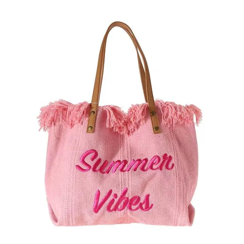 Large capacity canvas tote bag with embroidered letters, handbag for women, woven beach bag, shoulder bag by Dropsure
