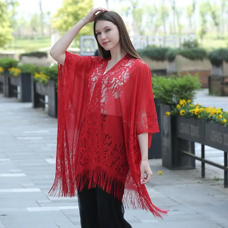 Lace fringed cardigan large shawl, sun protection shawl, women's evening dress cheongsam shawl, travel and vacation beach shawl by Dropsure