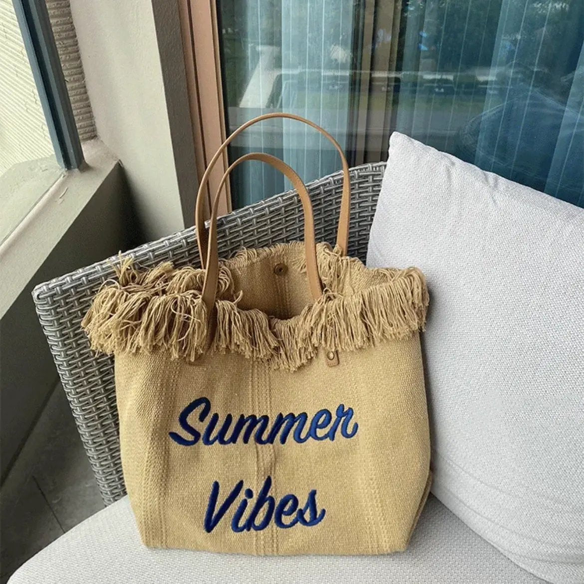 Large capacity canvas tote bag with embroidered letters, handbag for women, woven beach bag, shoulder bag by Dropsure